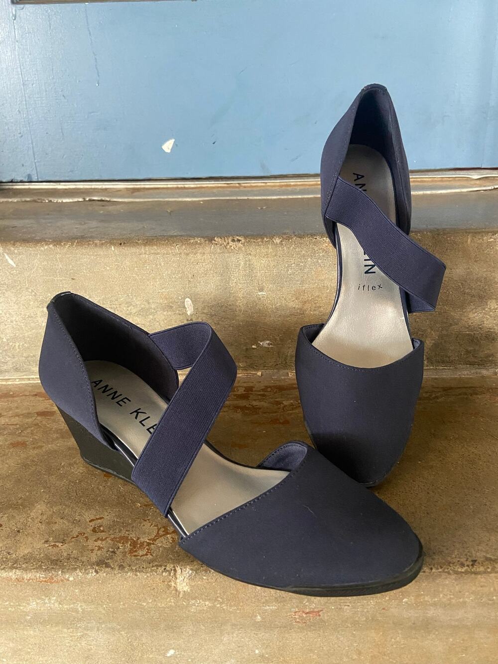 Anne Klein Aktara 2 navy fabric upper wedge with elastic cross strap